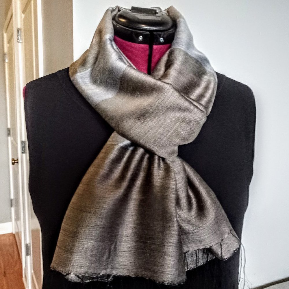 Blue Taupe Striped Oblong Fringed Scarf Wrap